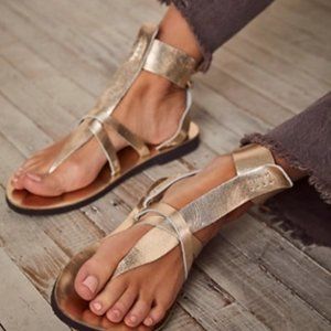 Free People Vacation Day Wrap Sandals Ankle Tie Thong Gold Leather